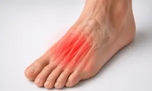 Anatomia stopy z zaznaczonym bólem w przedniej części.