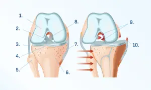 Ilustracja anatomiczna stawu kolanowego, pokazująca zdrową strukturę i uszkodzenie więzadła.
