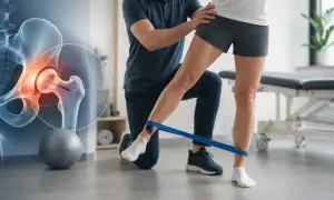 Rehabilitacja po artroskopii biodra: fizjoterapeuta pomaga pacjentce ćwiczyć z taśmą oporową, obok grafika stawu biodrowego.