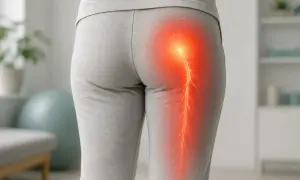 Ból promieniujący od pośladka w dół nogi, ilustrujący objawy neurologiczne dyskopatii lędźwiowej.