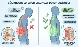 Ilustracja porównująca ból kręgosłupa (zła postawa, ucisk na nerw) ze zdrowym kręgosłupem (ergonomia, wzmocnienie).