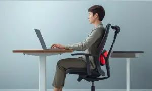 Kobieta siedzi przy biurku, pracując na laptopie, z podparciem lędźwiowym na krześle.