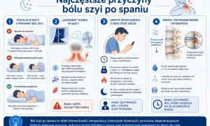 Ilustracja przedstawia cztery główne przyczyny bólu szyi po spaniu: pozycję w nocy, przeciągi, przeciążenia dnia i zmiany zwyrodnieniowe.
