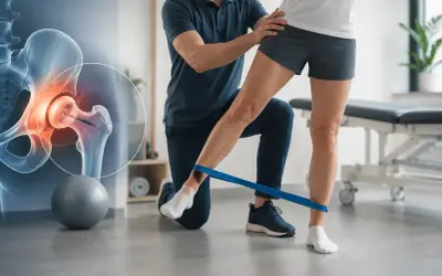 Rehabilitacja po artroskopii biodra: fizjoterapeuta pomaga pacjentce ćwiczyć z taśmą oporową, obok grafika stawu biodrowego.