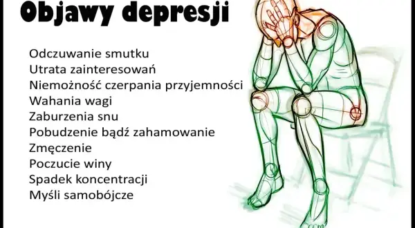 Ilustracja przedstawia objawy depresji, takie jak smutek, utrata zainteresowań, zmęczenie, a nawet myśli samobójcze. Postać siedzi skulona, z rękami na twarzy, co symbolizuje przygnębienie.