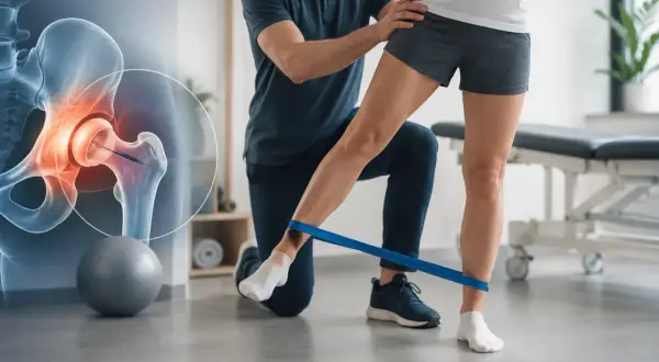 Rehabilitacja po artroskopii biodra: fizjoterapeuta pomaga pacjentce ćwiczyć z taśmą oporową, obok grafika stawu biodrowego.