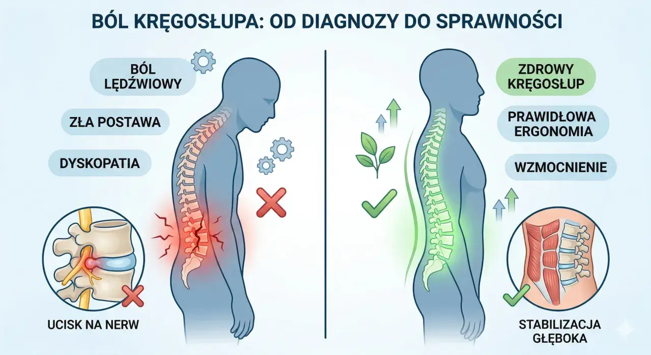 Ilustracja porównująca ból kręgosłupa (zła postawa, ucisk na nerw) ze zdrowym kręgosłupem (ergonomia, wzmocnienie).