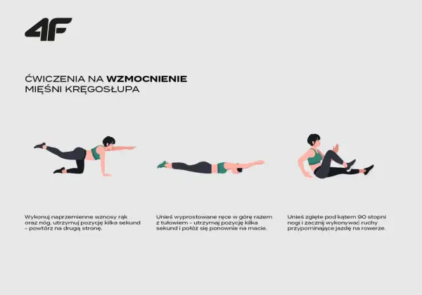 Ilustracja przedstawia trzy ćwiczenia na wzmocnienie mięśni kręgosłupa: na czworakach, leżąc na brzuchu i siedząc.