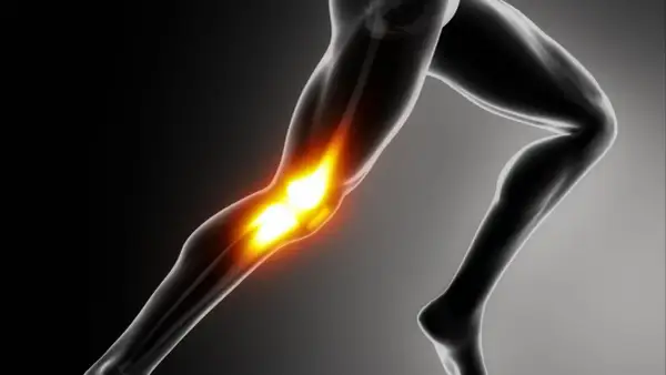 Anatomical illustration of a human leg with glowing knee joint.