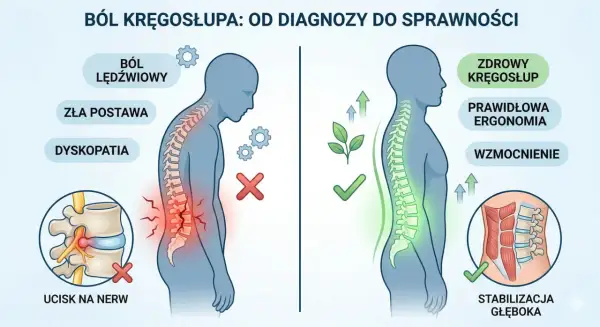 Ilustracja porównująca ból kręgosłupa (zła postawa, ucisk na nerw) ze zdrowym kręgosłupem (ergonomia, wzmocnienie).
