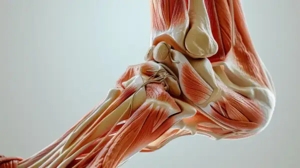 Anatomia stawu skokowego z widocznymi mięśniami i ścięgnami.