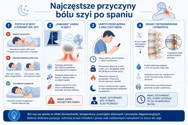 Ilustracja przedstawia cztery główne przyczyny bólu szyi po spaniu: pozycję w nocy, przeciągi, przeciążenia dnia i zmiany zwyrodnieniowe.
