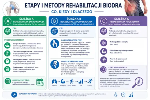 Rehabilitacja po operacji biodra trwa od 3-6 miesięcy (TEP) do 4-6 miesięcy (artroskopia).